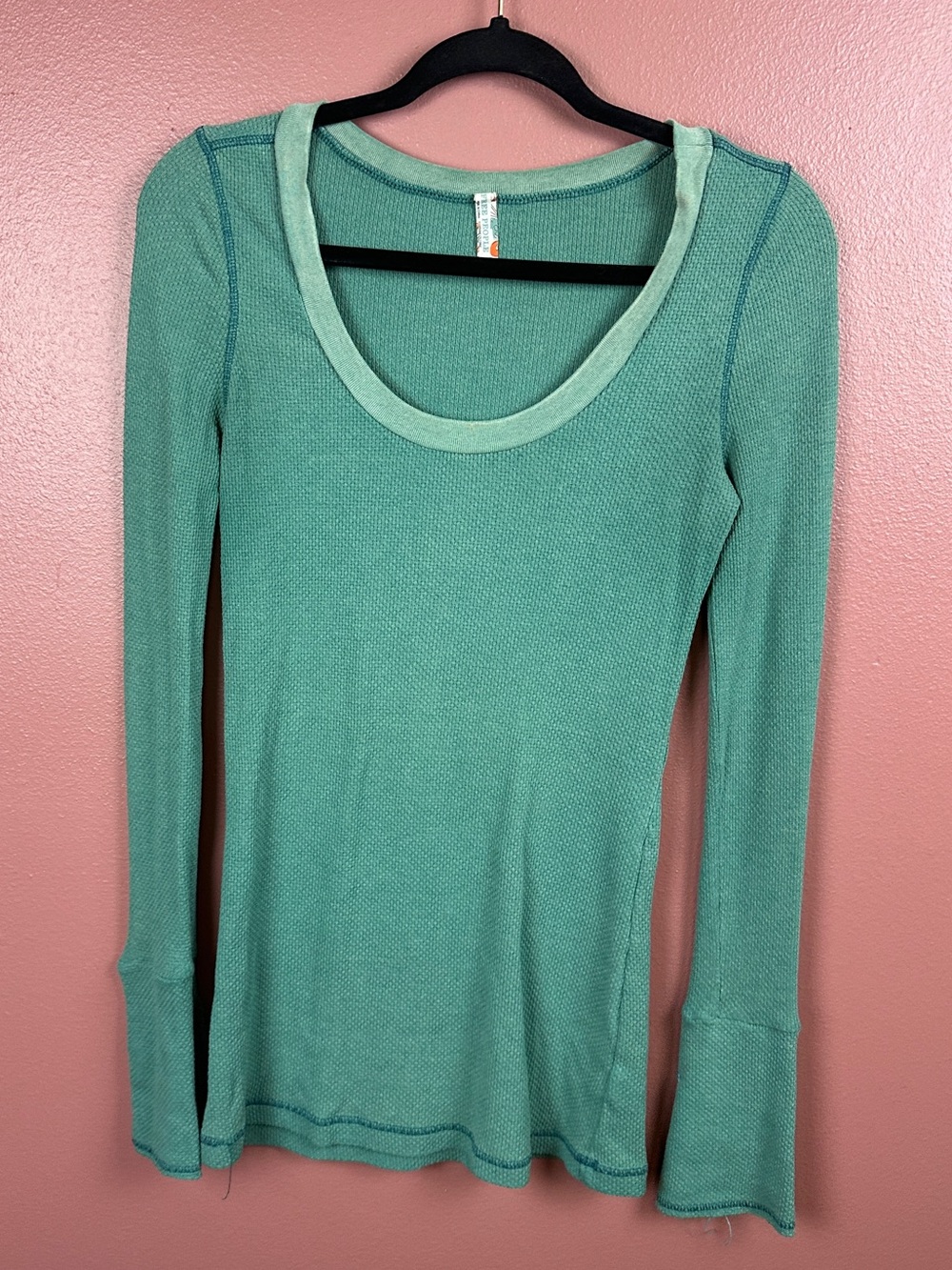 Free People Scoop Neck Long Sleeve Thermal Top Button Cuffs in Green